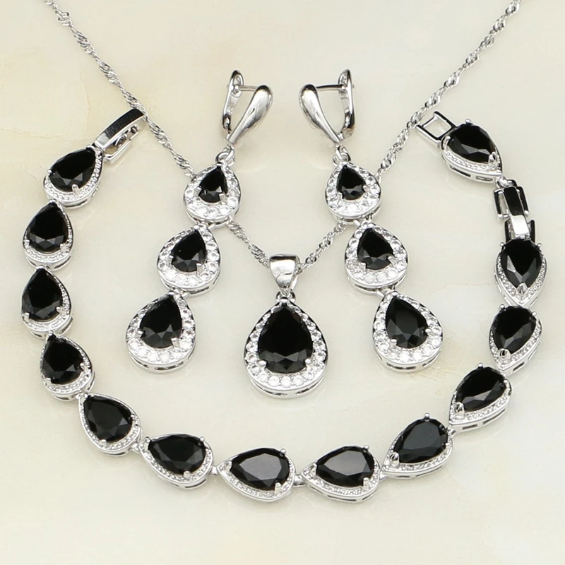 

Water Drop Black Cubic Zirconia White CZ 925 Sterling Silver Jewelry Sets For Women Wedding Earrings/Pendant/Necklace/Bracelet