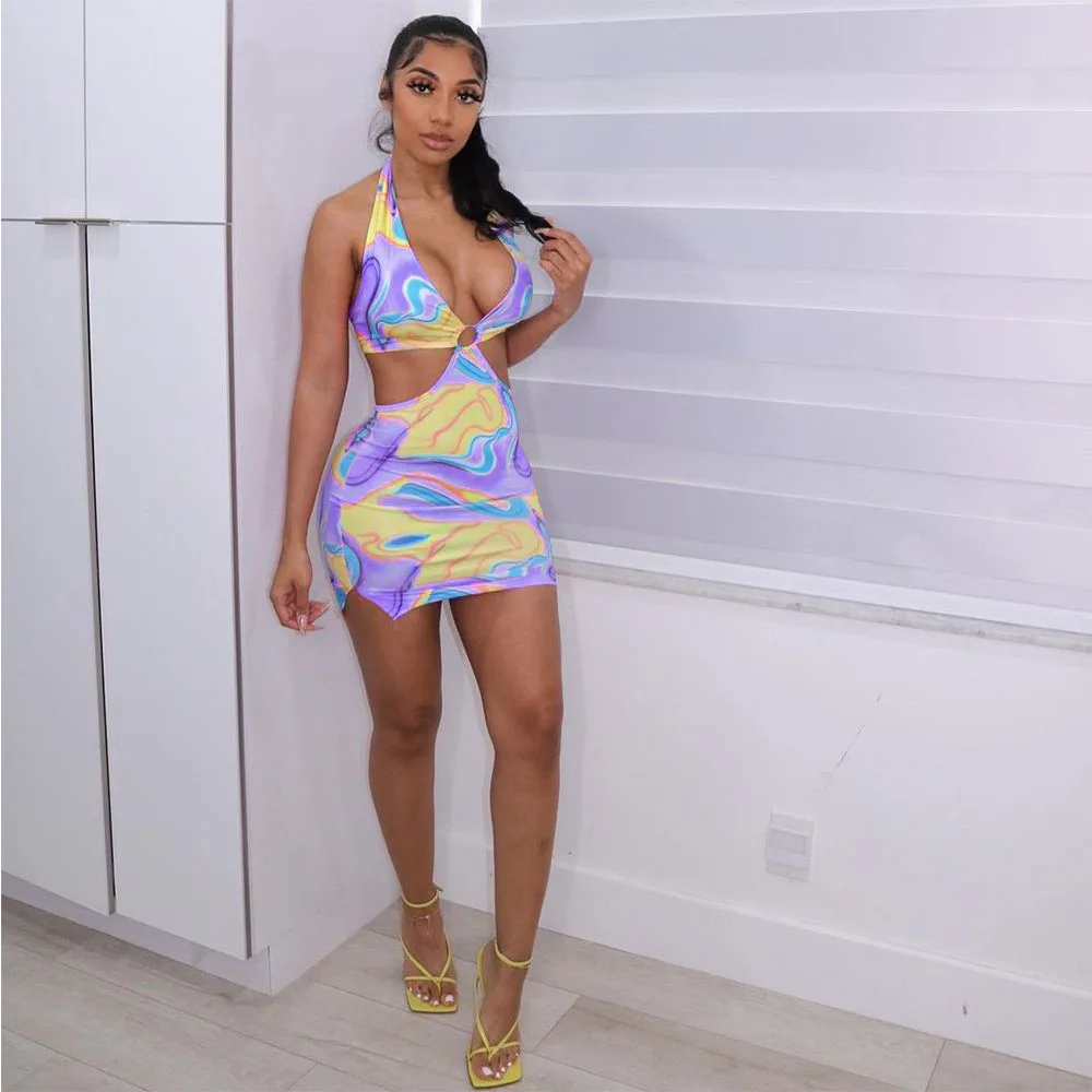 

Tie Dyeing Print Summer Mini Dress for Women Sexy Halter Sleeveless Deep V Neck Bodycon Dresse Female Elegant Beachwear Vestidos