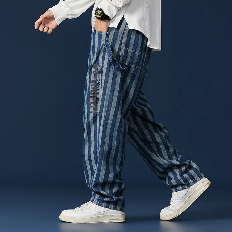 Spring Striped Jeans Men's Ins Trend Loose Straight Pants Nostalgic Letter Youth Blue Casual Fashion All-Match Wide Leg Trousers