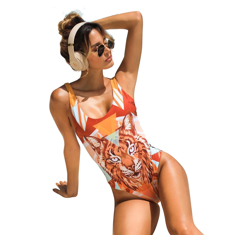 

Sexy Bikini 2021 One Piece Swimsuit Women Backless Tiger Print Bodysuit Push Up Sports Bathing Suit Beachwear Summer Bandeau