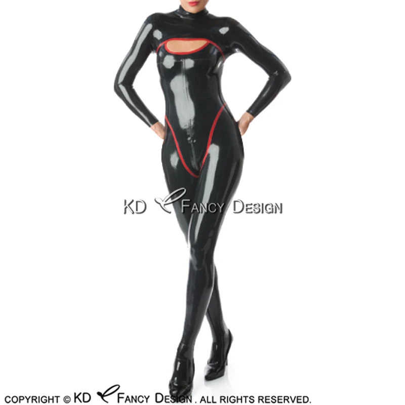 

Black And Red Sexy Latex Catsuit With Feet Socks Trims At Front Back Zip Rubber Bodysuit Zentai Overall Body Suit LTY-0255