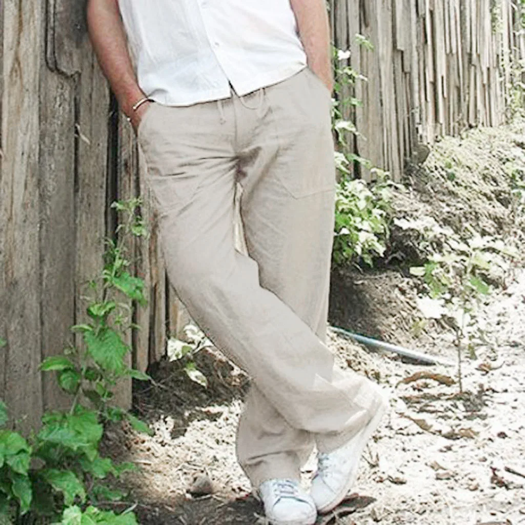 

Puimentiua 2021 Mens Nature Cotton Linen Trousers Summer Pants Casual Male Solid Elastic Waist Straight Loose Pants Plus Size