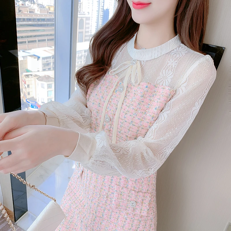 

Женское цельное корейское платье, зима 2021, новое офисное шерстяное клетчатое лоскутное кружевное розовое платье с высокой талией и круглым ...