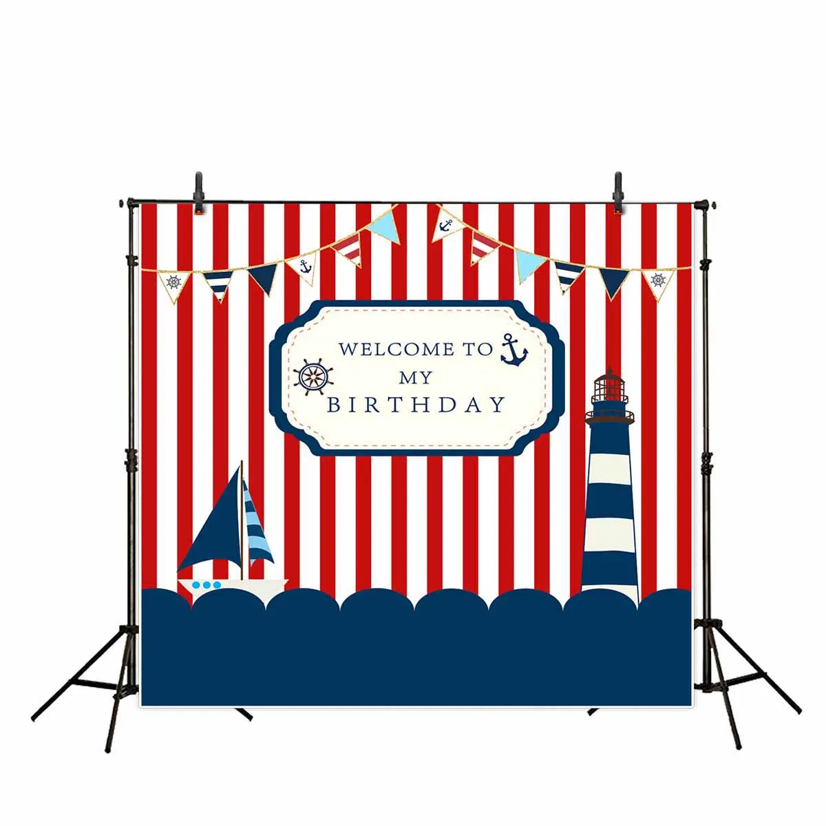 Allenjoy Baby Shower Backdrop Flag Anchor Lighthouse Nautical Striped Birthday Photocall Celebration Party Photophone Background | Дом и сад