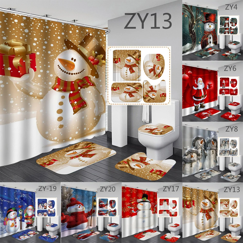 

Christmas Snowman Shower Curtains Set Waterproof Material Non-slip Mats Bath Carpets Toilet Seat Cover Bathroom Decorations