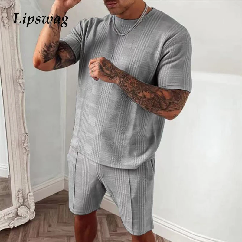 

Модный комплект из двух предметов в клетку и полоску, Мужской Повседневный пуловер с коротким рукавом, топ, летние шорты, наряды, мужская Три...