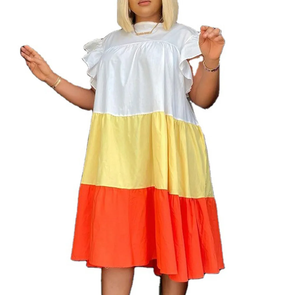 

Women Dress Spring Summer New Fashion Loose Casual Oversize African Simple Contrast Lotus Sleeve Short Dresses Vestioda