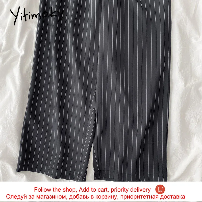 

Yitimoky Striped Pants for Women Elastic High Waist Wide Leg Pants White Loose Casual Pockets Summer 2021 Fashion Streetwear New