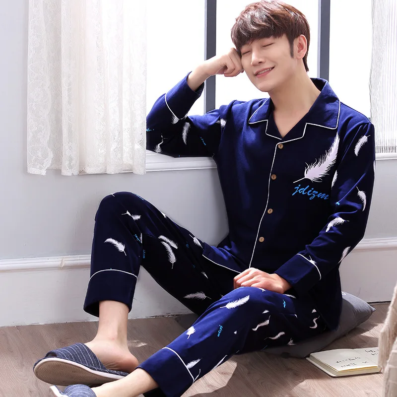 Пижамный комплект Мужской Хлопковый рубашка для отдыха и сна штаны дома