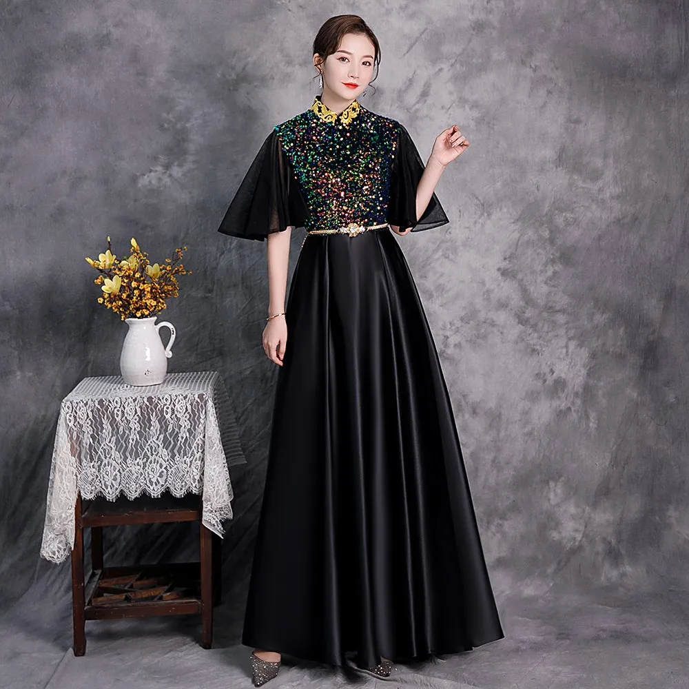 

Burgundy Temperament Evening Party Dress Bling Sequins Banquet Dress Mandarin Collar Chinese Dress Elegant A-line Hostess Dress