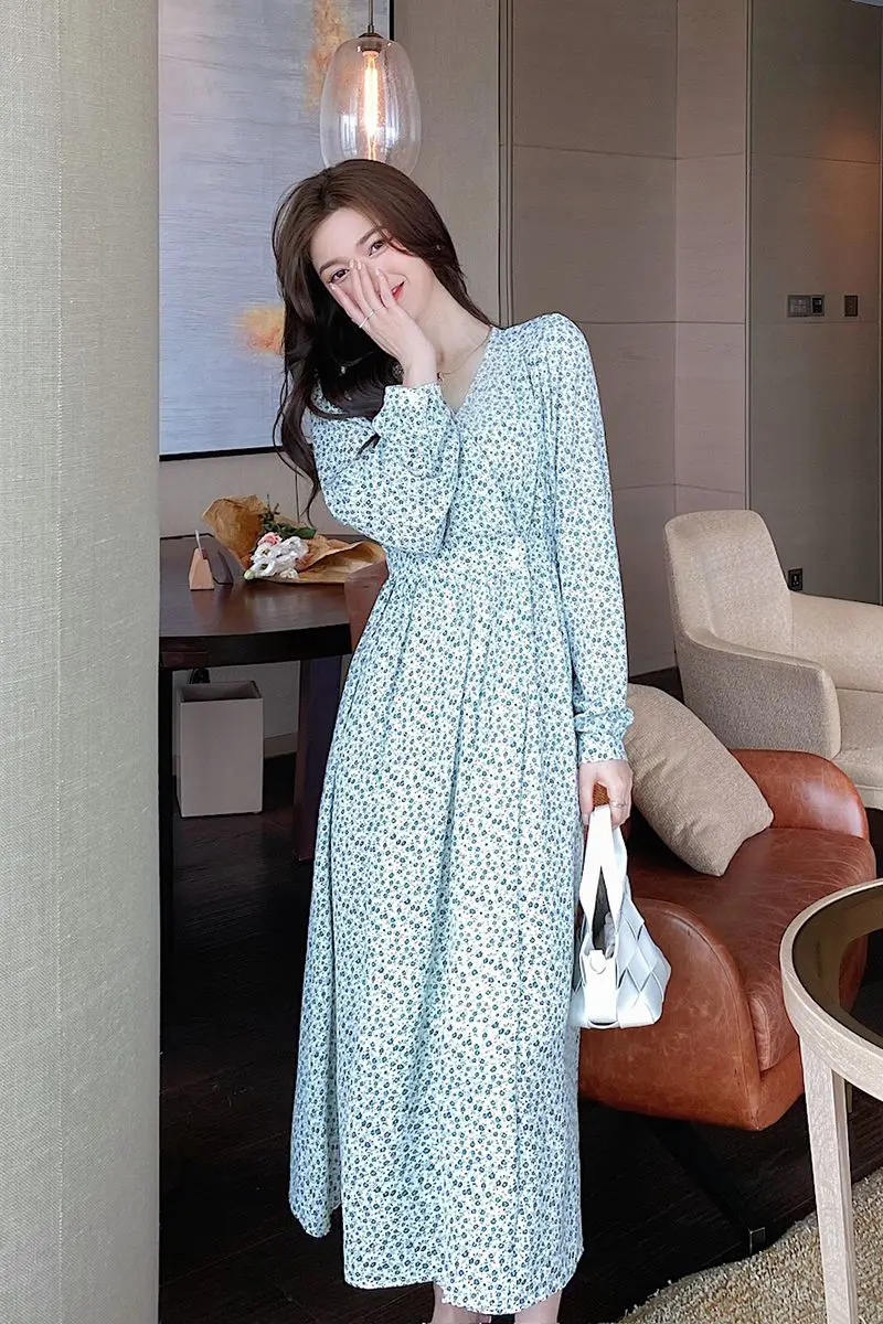 

COIGARSAM Floral Print Women dress New Spring High Waist V-Neck Dresses 1353