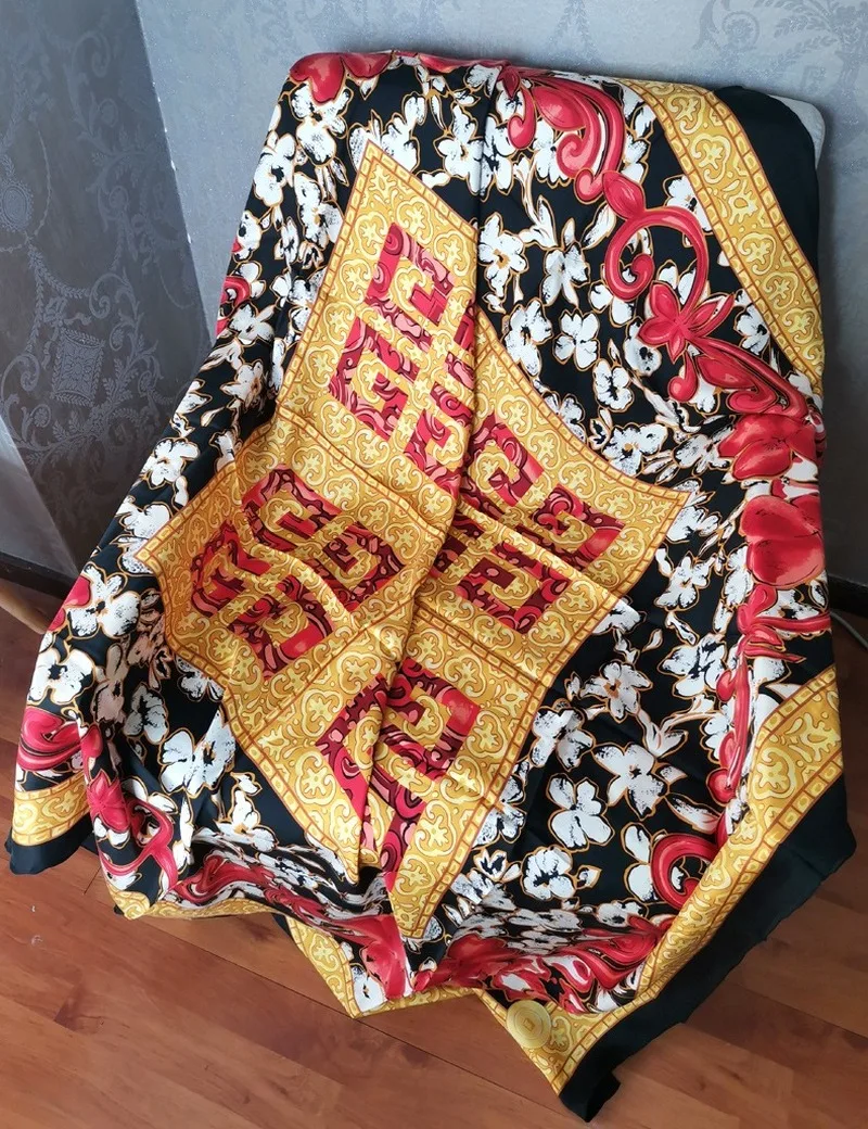 

Мандала Цветочный принт 100% шелк песочный мытый саржевый шарф шарфы шаль пальто Обертывания пончо и накидки 136*136 см