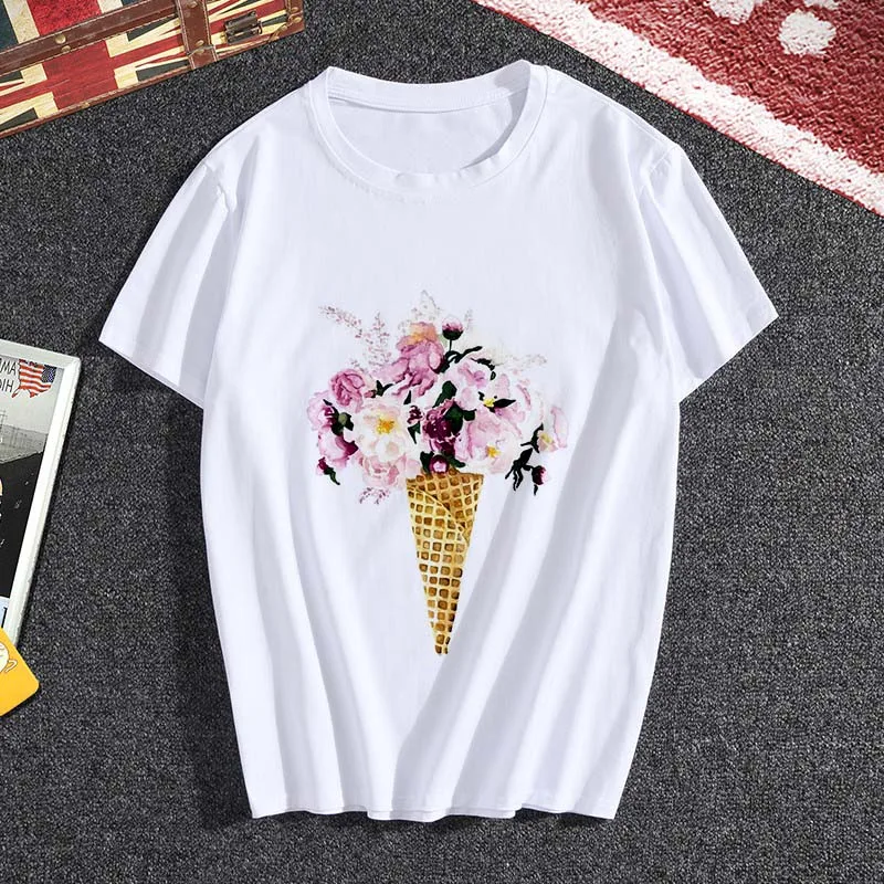 

2021 Summer Fashion Women Beautiful Flower Printed T-shirt Thin Section Tshirt Female Harajuku Aesthetics Tees Tops Clothes