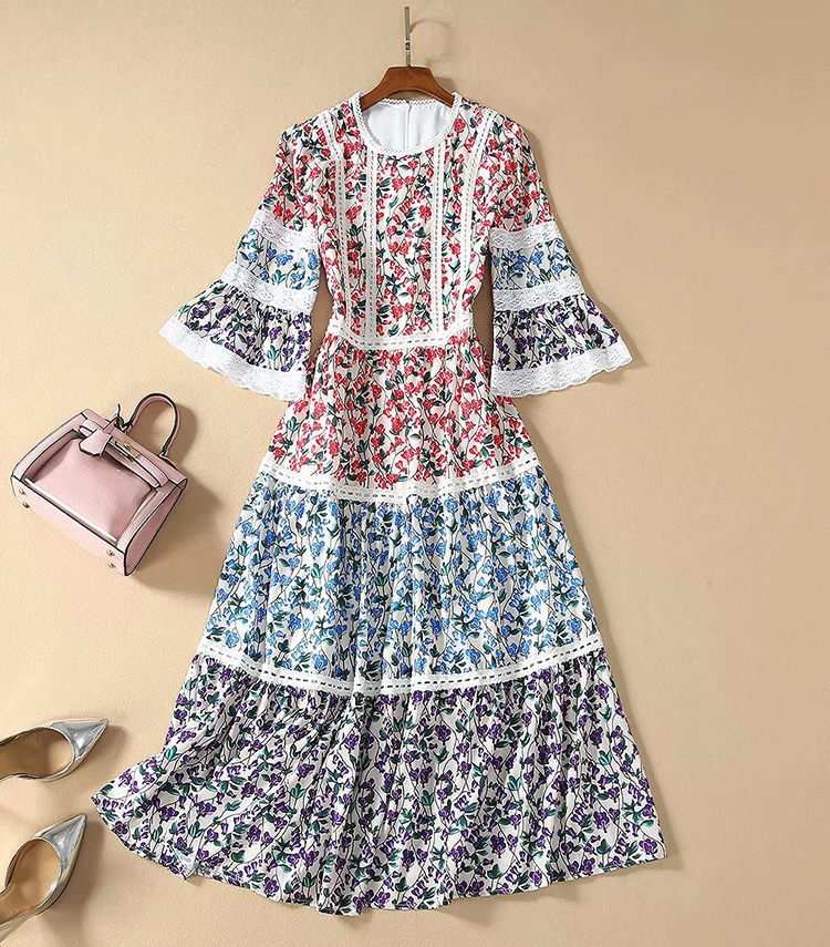 

COLOREE 2019 Runway Designer Round Neck Flower Floral Print Long Dress High Quality Vintage Patchwrok Dress For Female New