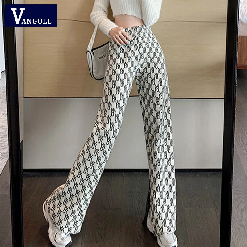 

Vangull Casual Letter Printted Women Pants 2021 Spring New Elastic High-Waist Split Female Wide Leg Pants Street Sprots Pants