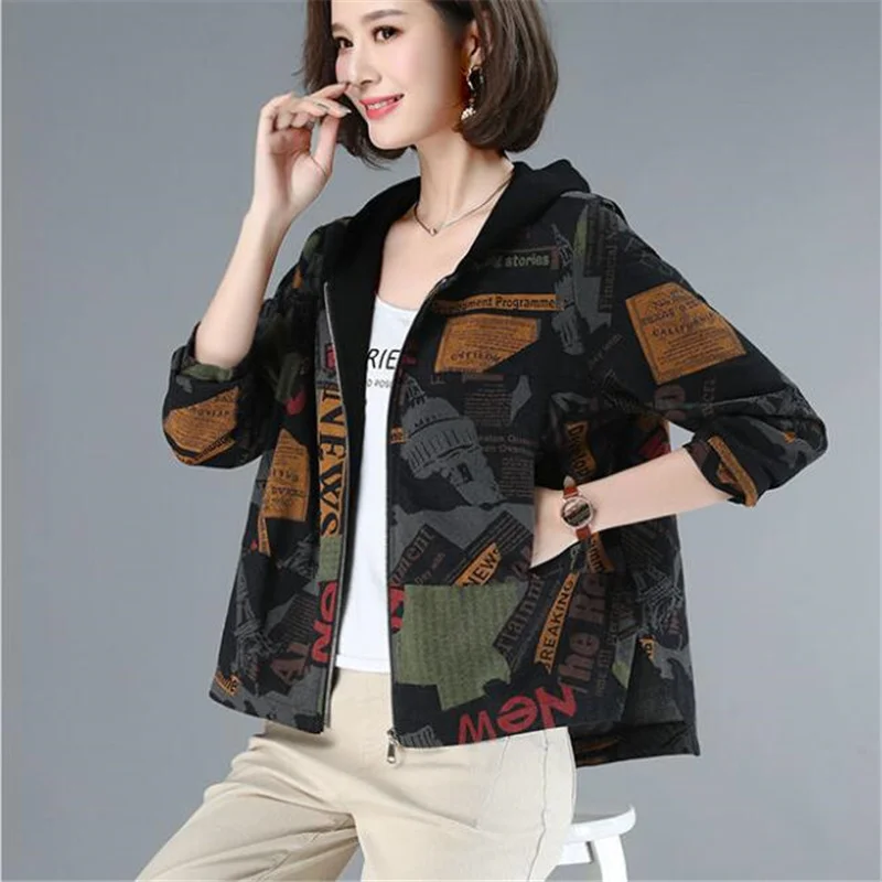 

Hooded Short Coats Vintage print Women's Jacket Korean Loose Overcoat Autumn Winter Soft Warm Outwear Female Zipper Coats