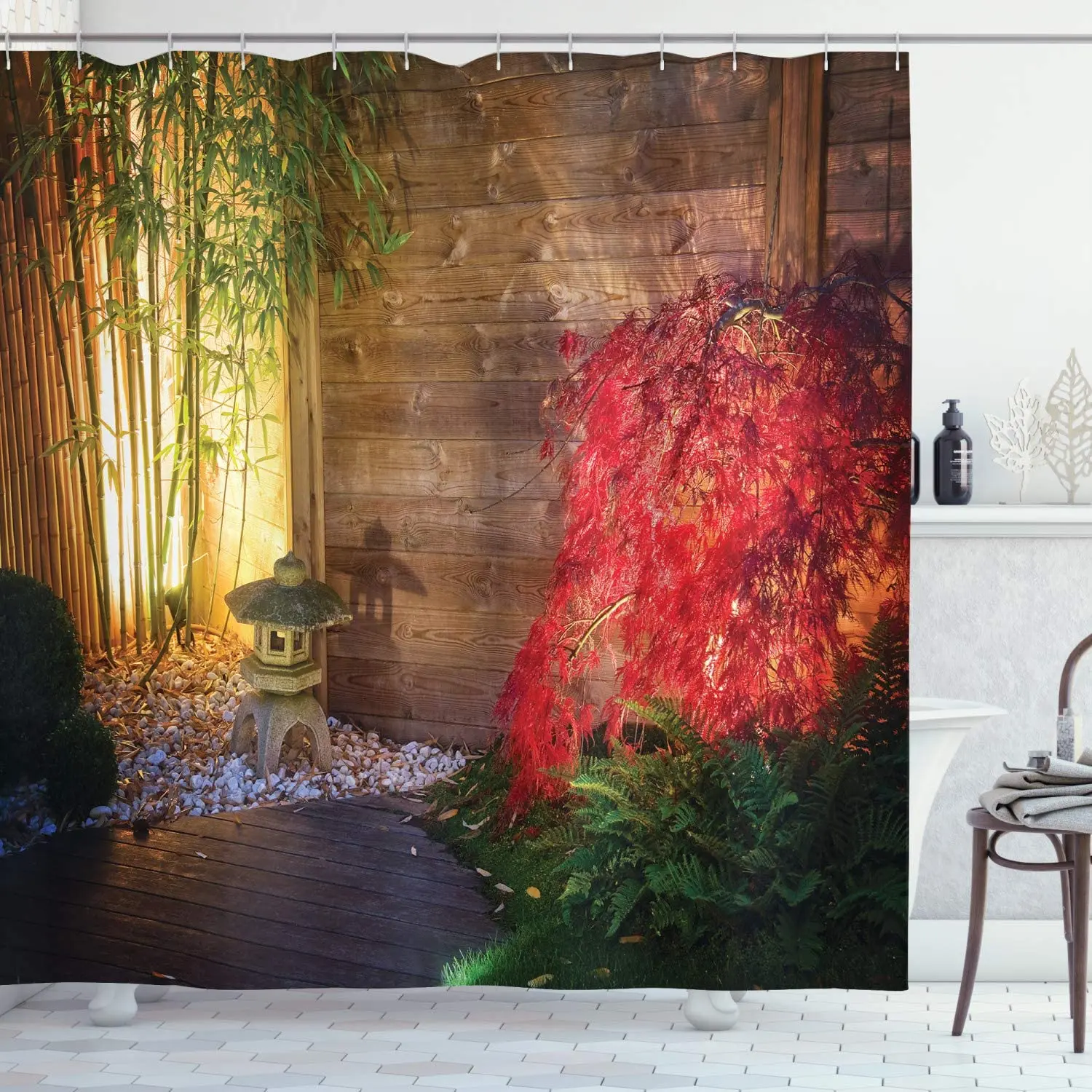 Садовая занавеска для душа японский каменный фонарь и красное кленовое дерево в