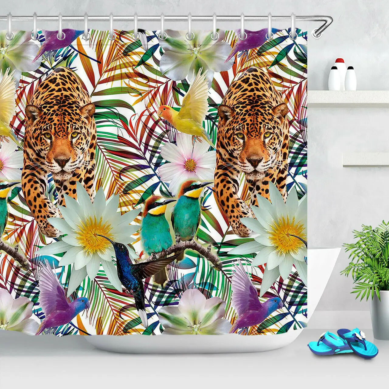

Tropical Leaves Flower Bird Leopard Shower Curtain Set