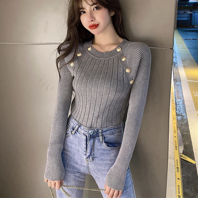 Модный вязаный свитер с золотыми пуговицами женская одежда круглым вырезом