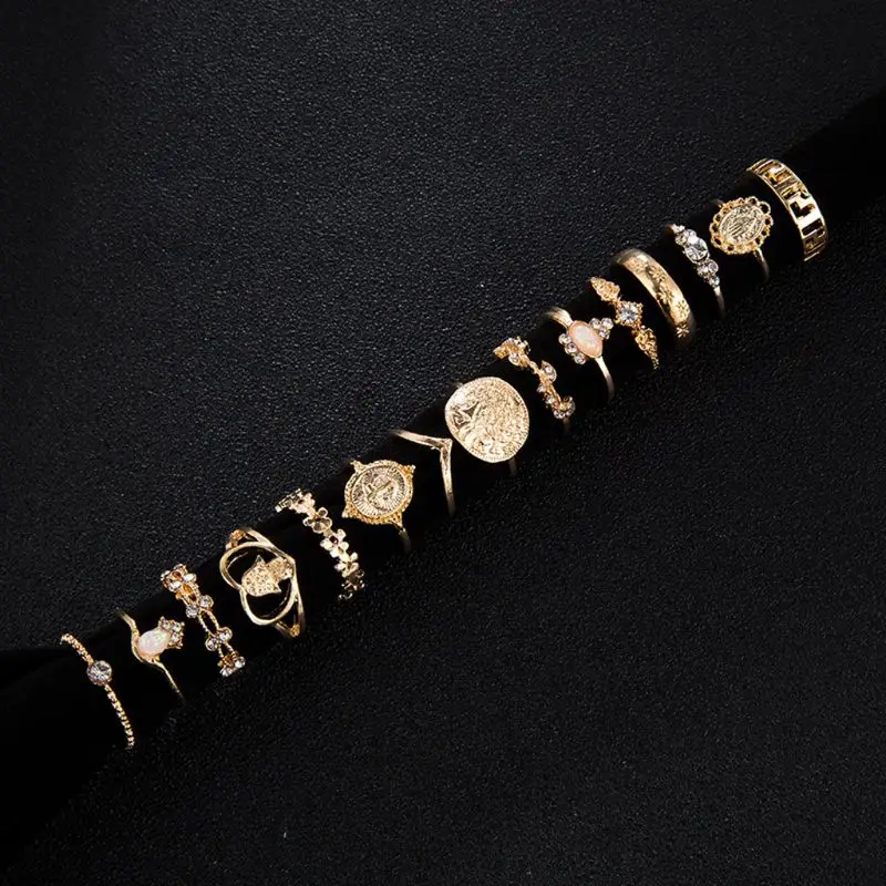 

2021 New 15Pcs Assoeted Golden Religious Coin Cross Crystal Fatima Hand Boho Rings Set 2020 trend