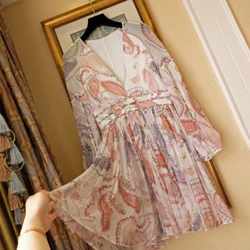 

ECRURANI Print Dress For Women V Neck Puff Sleeve Hit Color Floral Hollow Out Pearl Dresses Female Fashion Summer New 2021 Style