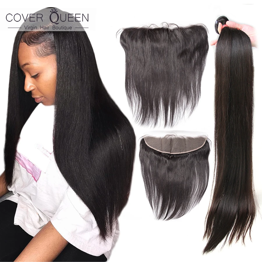 

30 32 34 38 40 inch Brazilian Hair Weave Bundles With Frontal Straight Ear To Ear Raw Virgin Human Hair Bundle With Lace Closure