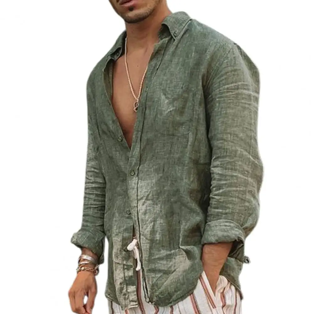 

Men Shirt Fashion Long Sleeve V-Neck Single Breasted Summer Casual Male Summer Loose Shirt Streeetwear