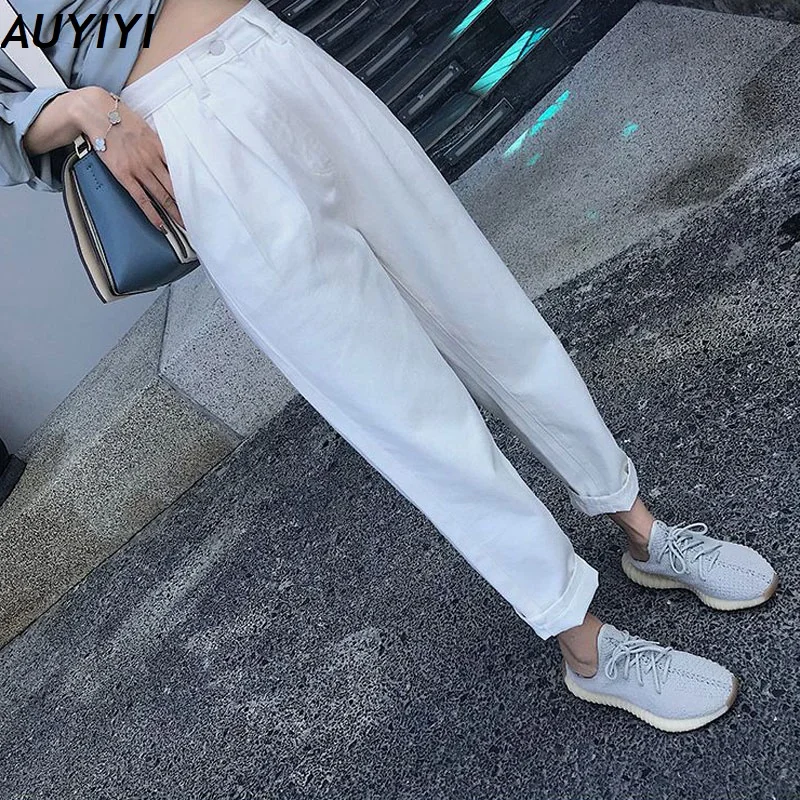 

White Casual Women's Linen Casual Loose Summer Thin Section Feet Cotton And Linen High Waist Slim Overalls Papa Harem Pants 2021