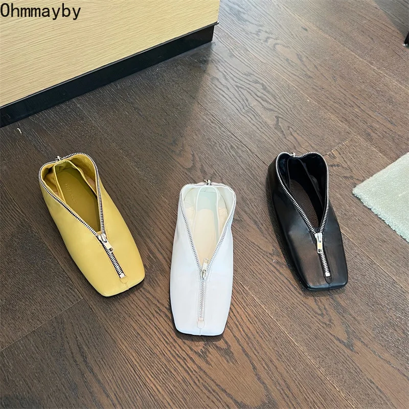 

2022 Spring Fashion Square Toe Flats Shoes New Brand Zipper Slip On Casual British Loafer Ladies Mujer
