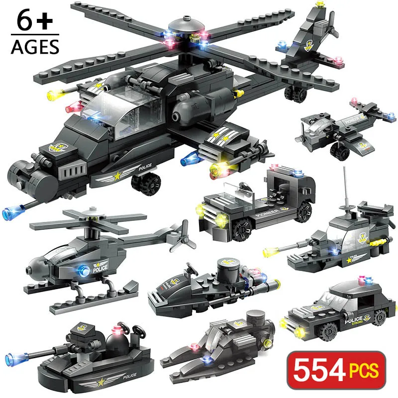 

8in1 554pcs City Police SWAT Aircraft Building Blocks Kit Bricks Toys For Children