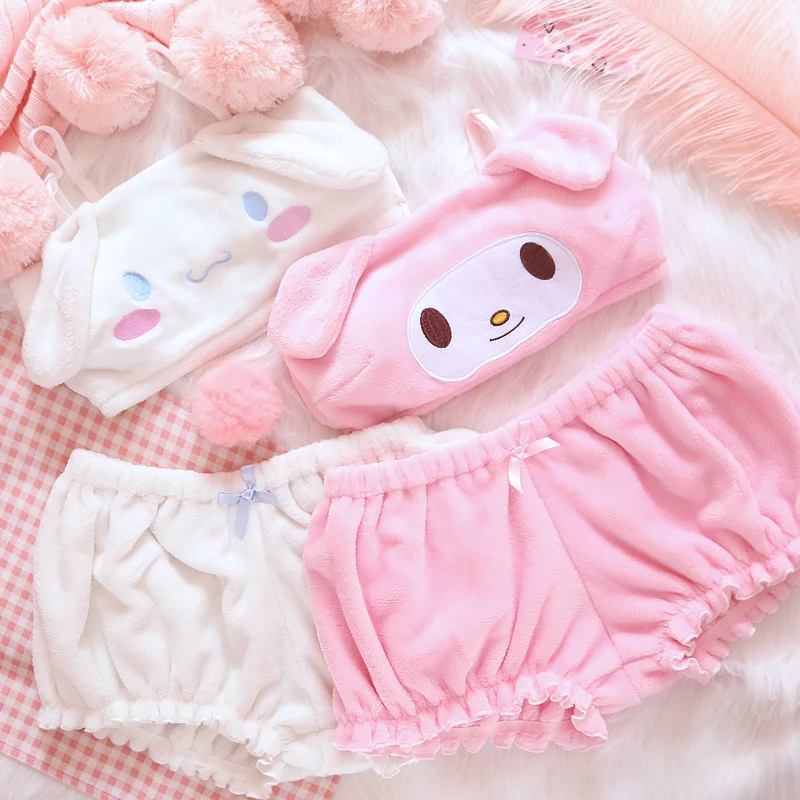 

Pink and White Kwaii Velvet Tube Top and Panties Set for Girls Adorable Underwear Anime Long Ear Doggy Bra and Bloomers