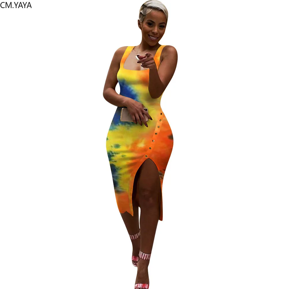 CM.YAYA Women Tie Dye Print Sleeveless O-neck Knitted Side Split Button Up Bodycon Midi Knee Length Pencil Tank Dress | Женская одежда