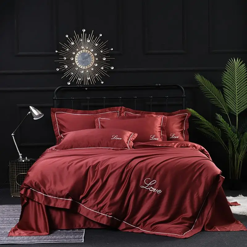 4pcs Home Textile silk tencel bedding set embroidery bed sheet duvet cover Fitted Bed Flat king queen size | Дом и сад