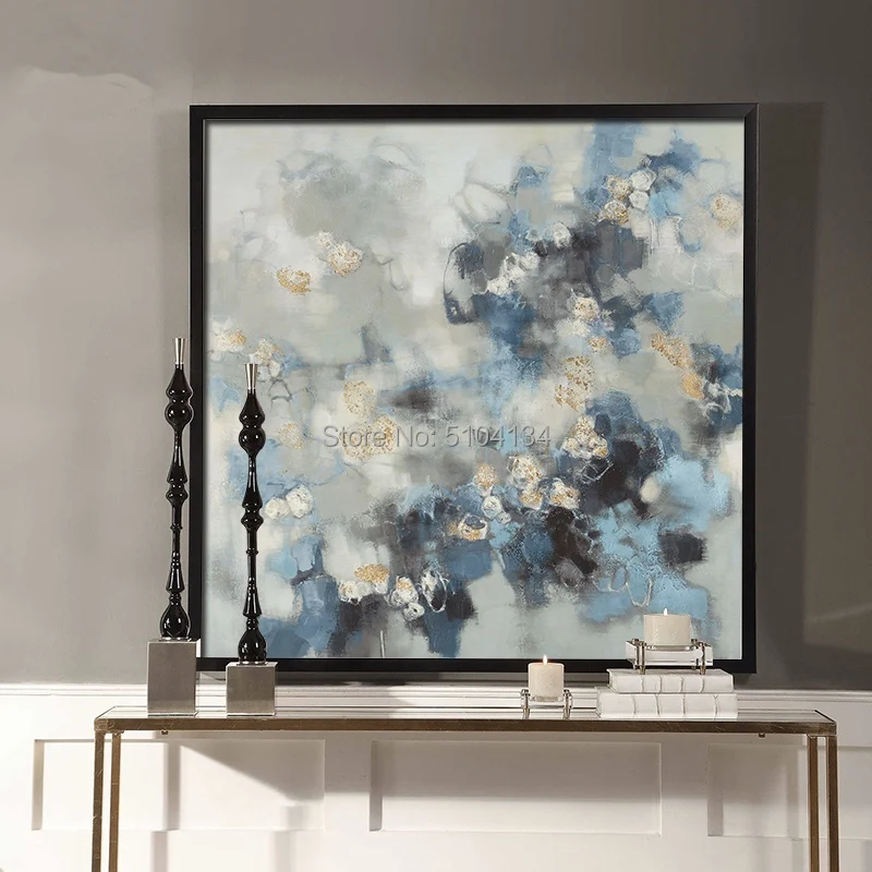 Beste Handgemaakte Abstract Blauw Goud Olieverfschilderij Wall Art Pictures Voor Woonkamer Home Decor