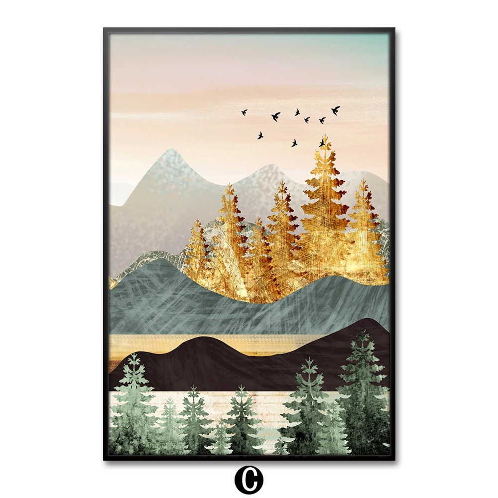 Современные абстрактные золотые горы Дерево красочные олень художественные