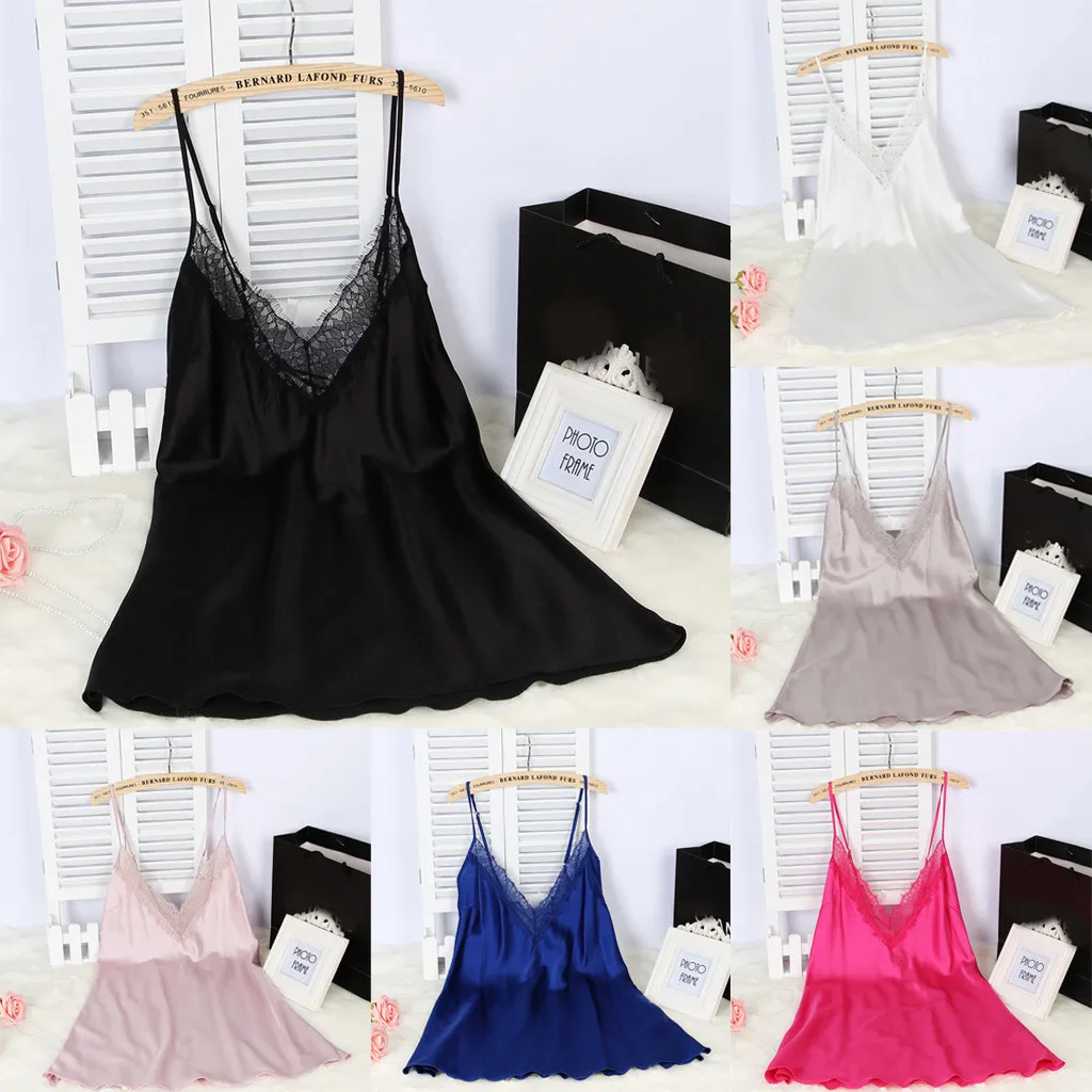 

Sexy Lingerie Women Satin Patchwork Lace Sleepwear Night Dress For Ladies Deep V-neck Nightgowns Baby Doll Nightwear Nuisette