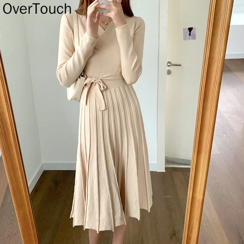 

Женское трикотажное платье-свитер с V-образным вырезом и длинным рукавом