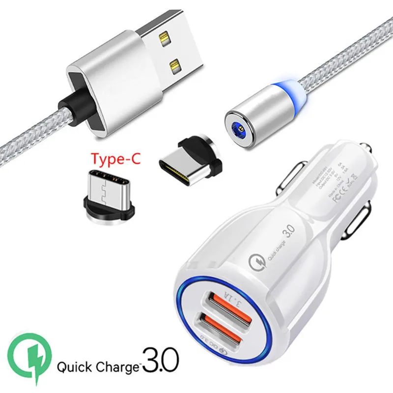 Car charger 1M cable Для samsung galaxy A20E A40 A70 S11 Xcover 4S A30s Магнитный кабель type C Honor 9X20 view 30 10 QC 3,0 USB светодиодный быстрое автомобильное зарядное устройство - Тип штекера: Car charger 1M cable