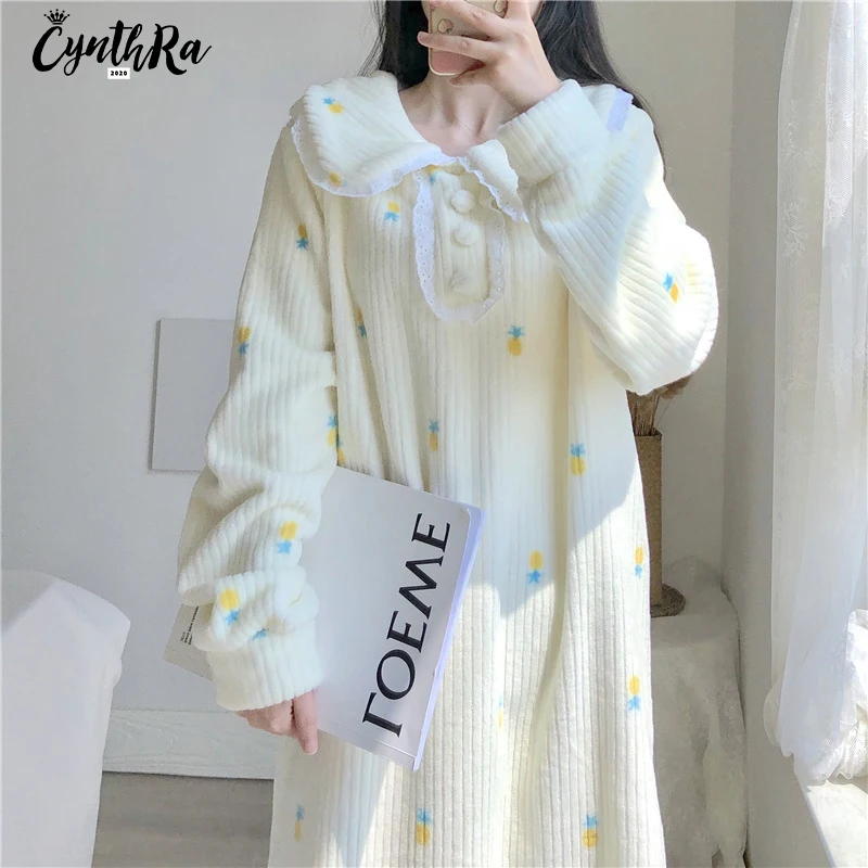 

CYNTHRA Nightdress Women's Winter Cute Kawaii Flannel Pineapple Plush Long-sleeved Thick Loose Thermal Homewear Lady Nightgowns