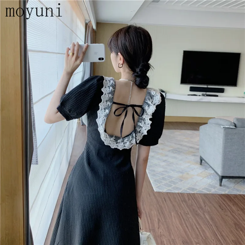 

Vintage Backless Lace Dress Women's Summer Temperament Waist-Controlled Puff Sleeve French Round Neck Midi Dress Black Dress