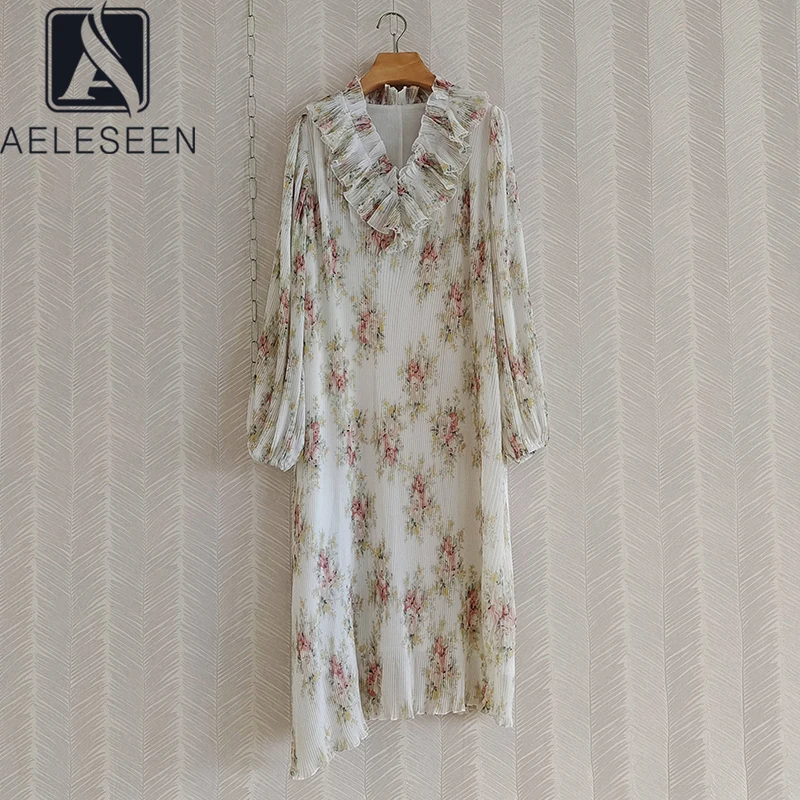 

Женское длинное плиссированное платье AELESEEN, свободное подиумное платье с V-образным вырезом и оборками, с цветочным принтом, осень 2021