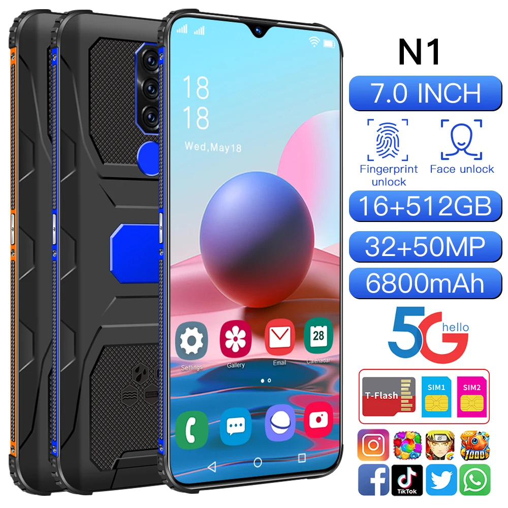 

N1 7.0 Inch Mobile Phones Smartphone Android HD 32MP+50MP 6800mAh 16GB+512GB Deca Core Dual SIM4G 5G Android Face Recognition