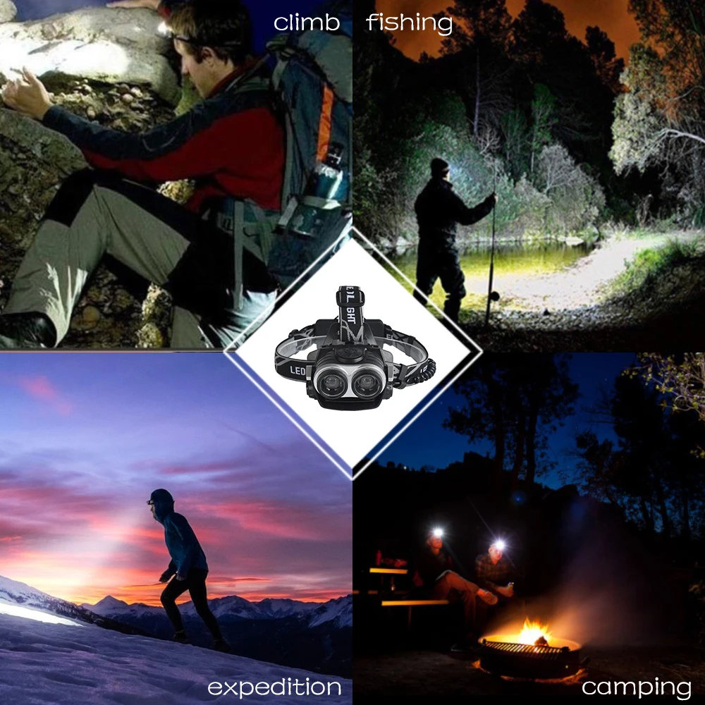 Супер яркий светодиодный налобный фонарь 2 * T6 масштабируемый с USB зарядкой