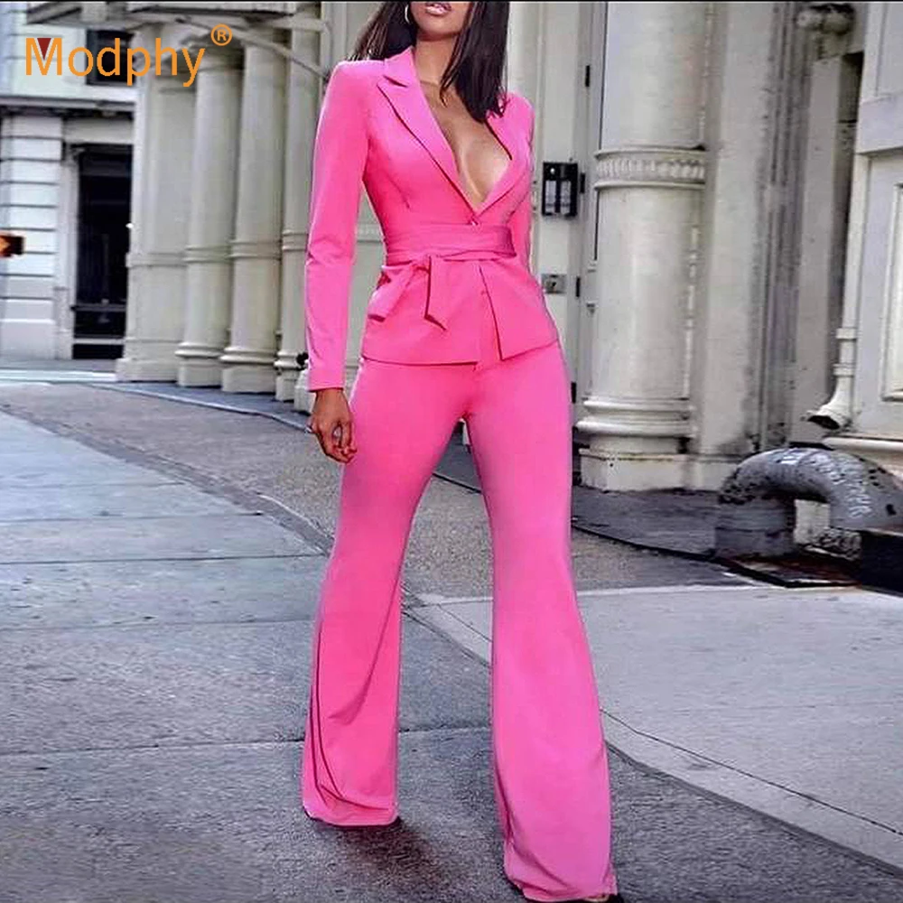 High quality 2019 autumn new women's set sexy rose red long-sleeved jacket &amp pants 2 two-piece office celebrity Evening party se |