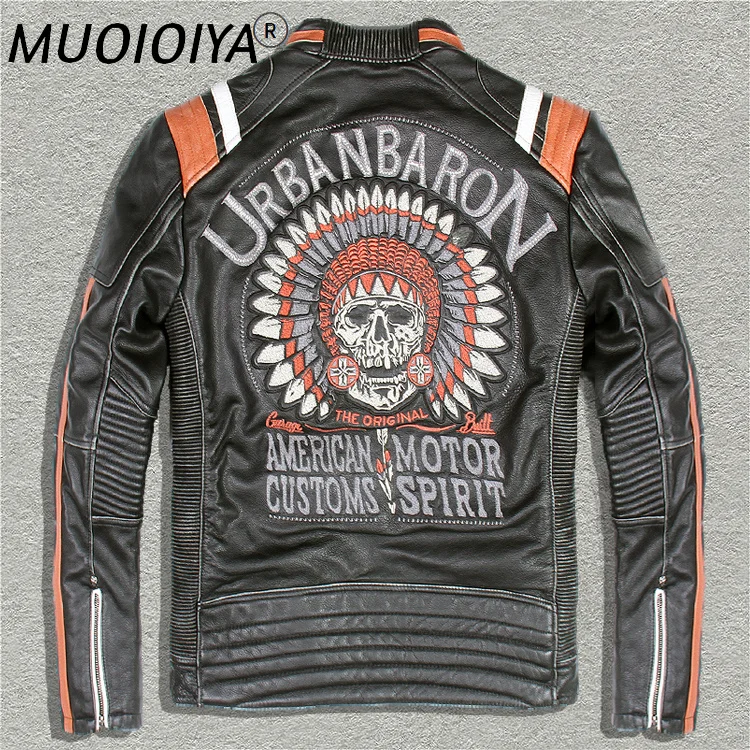

URBANBARON Men's Punk style Embroidery skulls leather motorcycle jacket Vintage black genuine leather jacket men biker jacket
