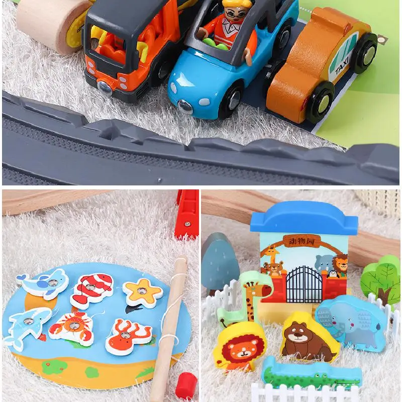 Деревянный поезд трек железная дорога Набор детских игрушек деревянная