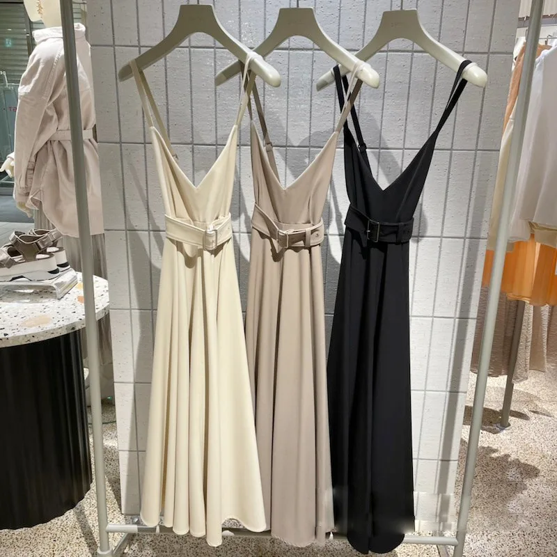 

V Neck Sleeveless Camis Dress Women High Waist Hip A Line Long Vestidos Spring 2021 New Back Cross Design Solid Loose Robe