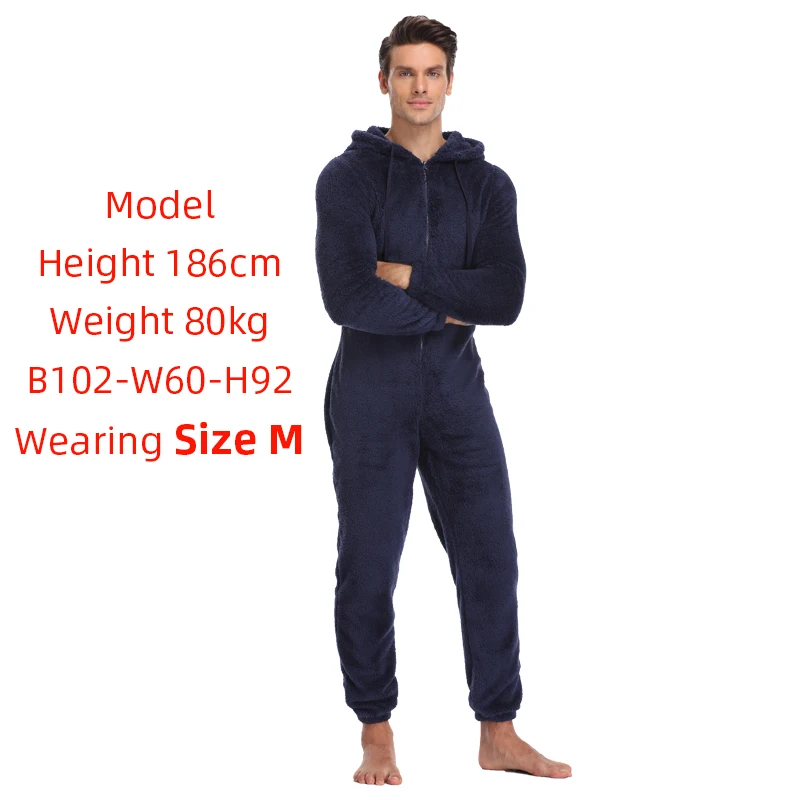 Men Warm Teddy Fleece Onesie Fluffy Sleep Lounge Adult Sleepwear One Piece Pyjamas Male Jumpsuits Hooded Onesies For Adult Men