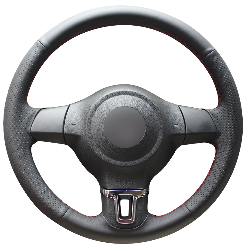 

Рука сшитый черный натуральная кожа чехол рулевого колеса автомобиля для Volkswagen VW Golf 6 VI) Golf Plus Polo Tiguan Touran Tiguan Caddy