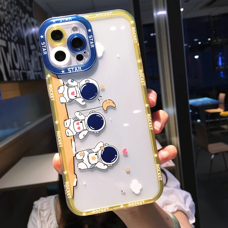 Cute Cartoon Astronaut Planet Phone Case For iPhone 14 Pro Max 13 12 11 X XS XR 7 8 Plus SE 3 Transparent Soft Shockproof Cover
